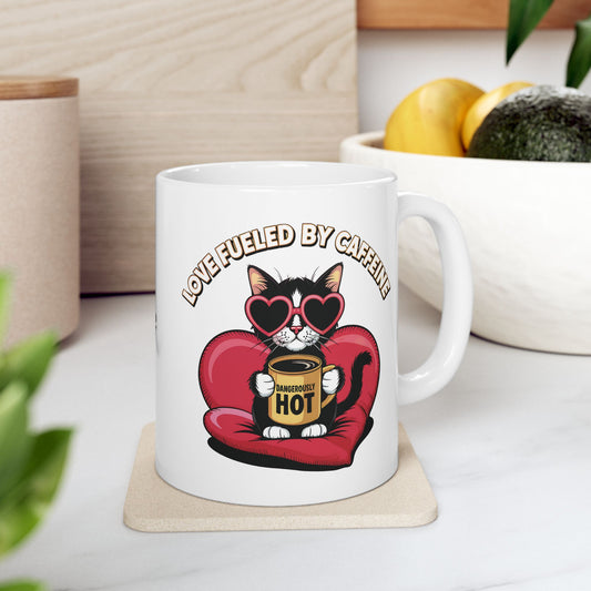 Beanie - "Dangerously Hot" Fueled By Caffeine White Ceramic Mug, (11oz, 15oz)